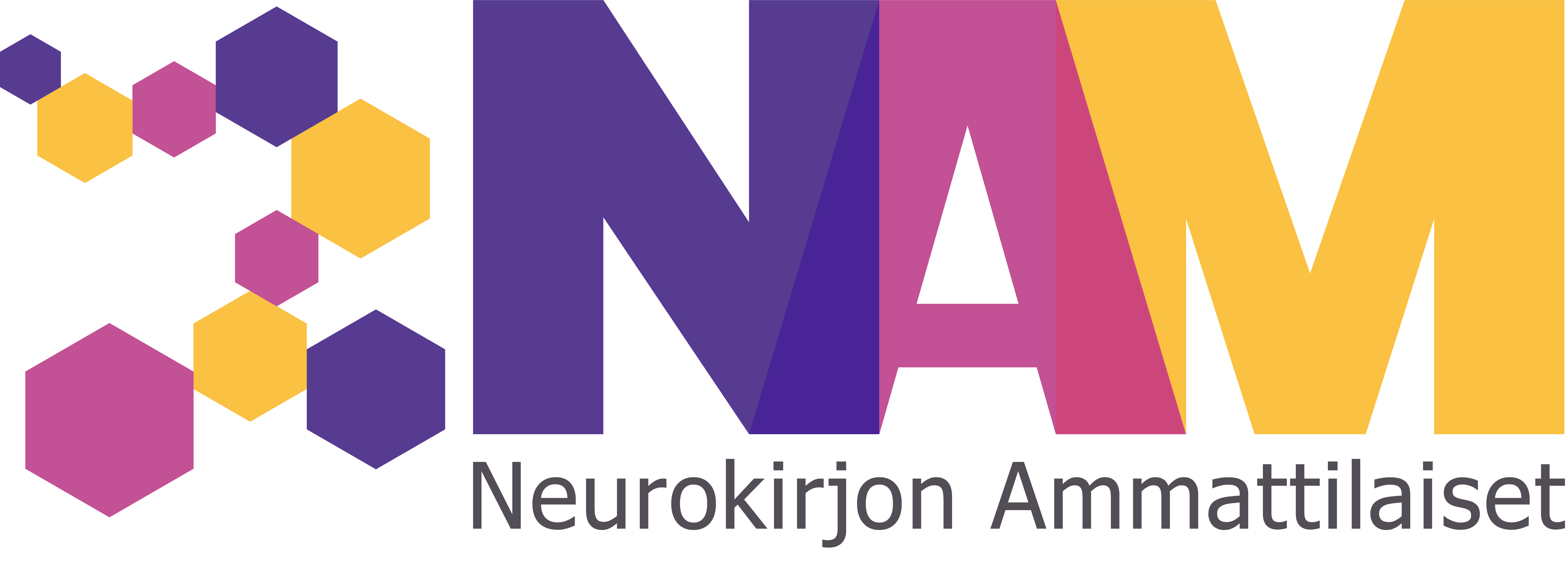 NAM Neurokirjon Ammattilaiset ry:n logo. Logossa keltaisia, pinkkejä ja violetteja hexagon kuvioita ja teksti Neurokirjon Ammattilaiset.